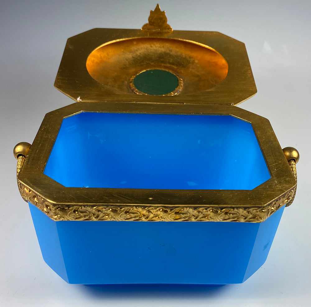 Antique French Opaline Box, Casket, Coffret with Handles, Eglomise View of a Chateau