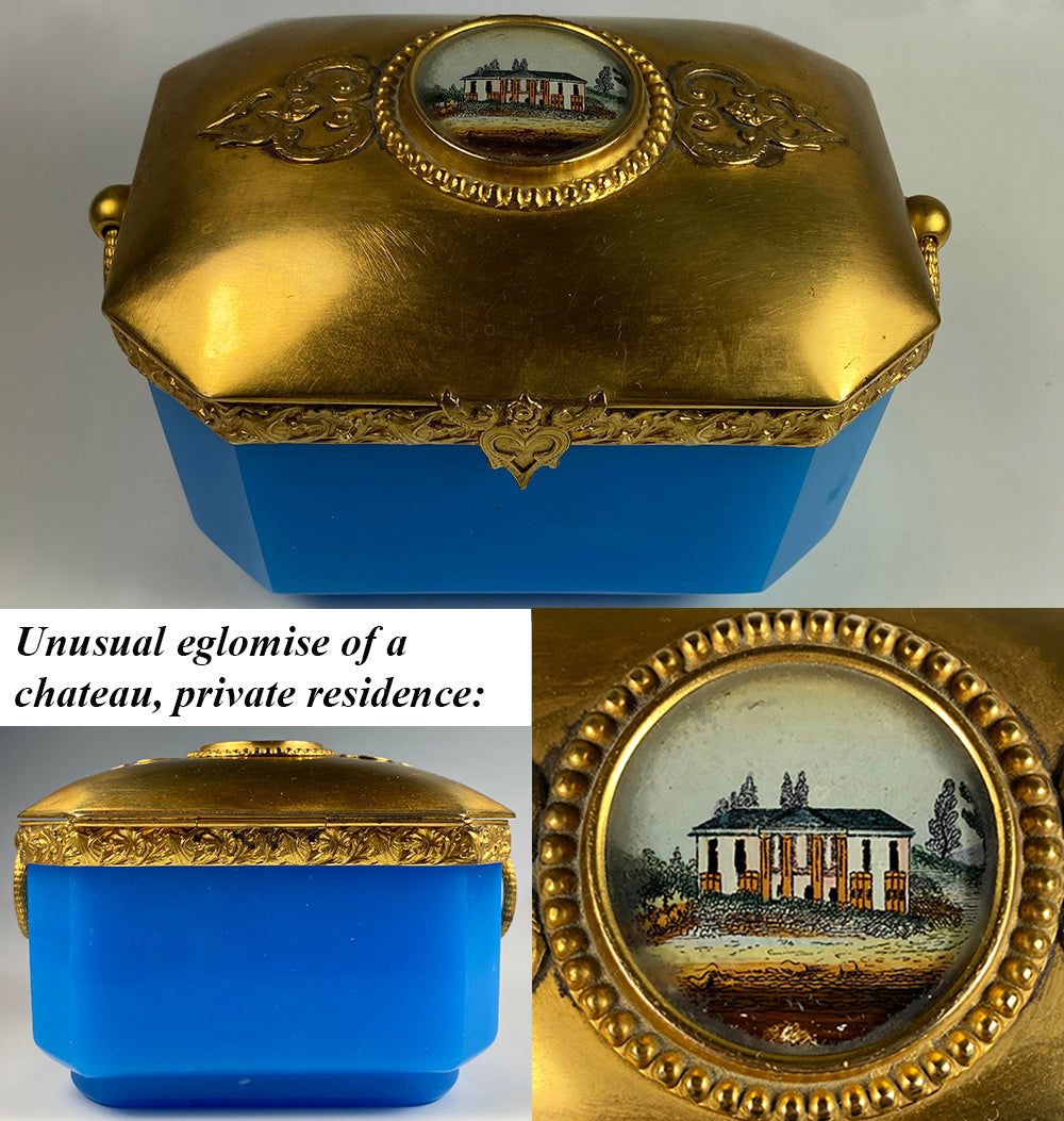 Antique French Opaline Box, Casket, Coffret with Handles, Eglomise View of a Chateau