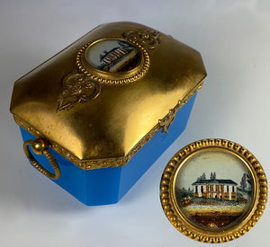 Antique French Opaline Box, Casket, Coffret with Handles, Eglomise View of a Chateau