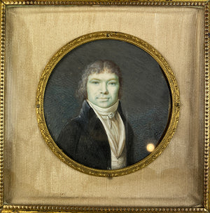Antique French Portrait Miniature, Revolutionary Era Man, c.1789-1800, Bronze Frame