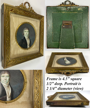 Antique French Portrait Miniature, Revolutionary Era Man, c.1789-1800, Bronze Frame