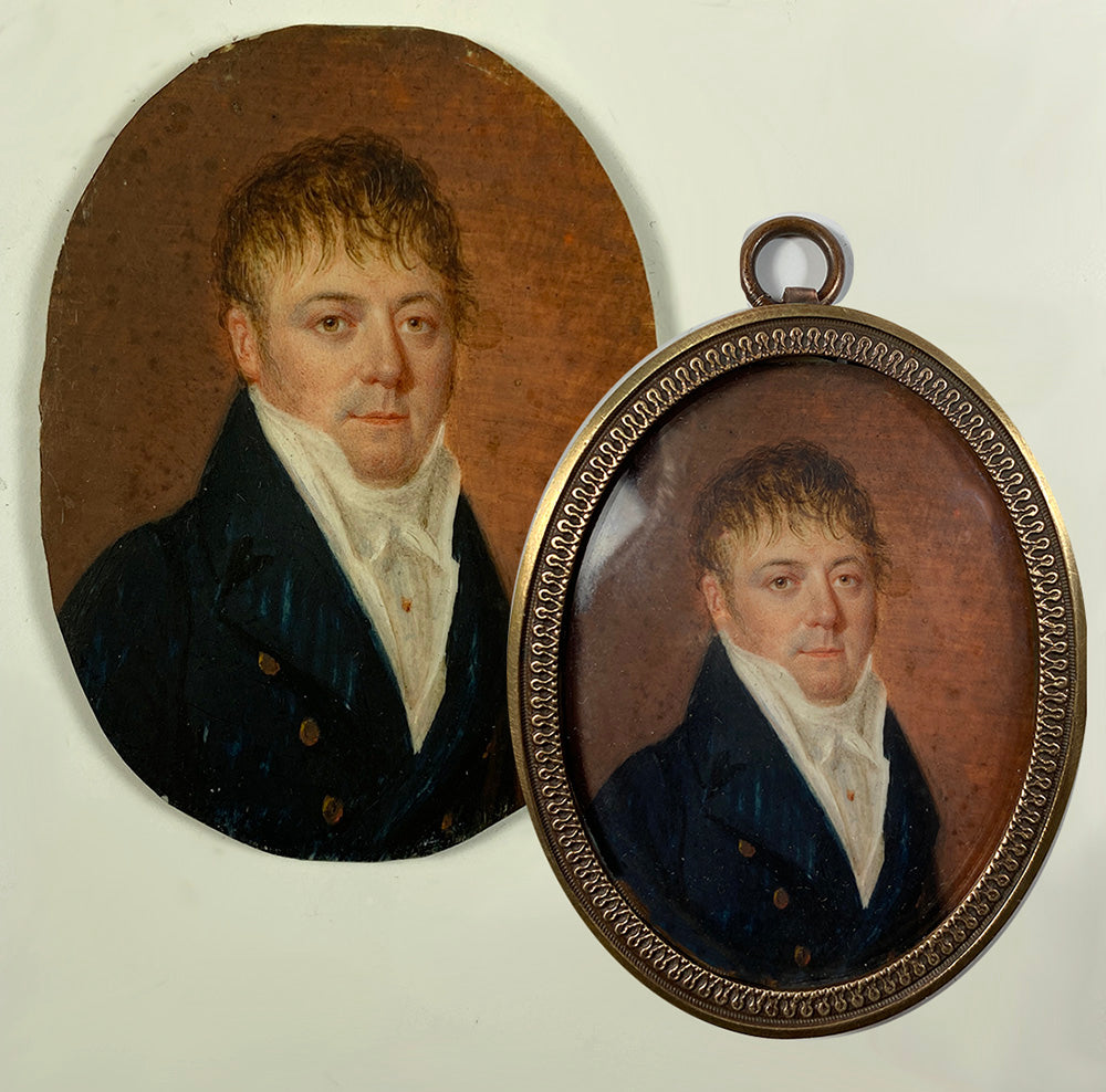 Antique French Portrait Miniature, French Empire Gentleman, Handsome Man, c.1810