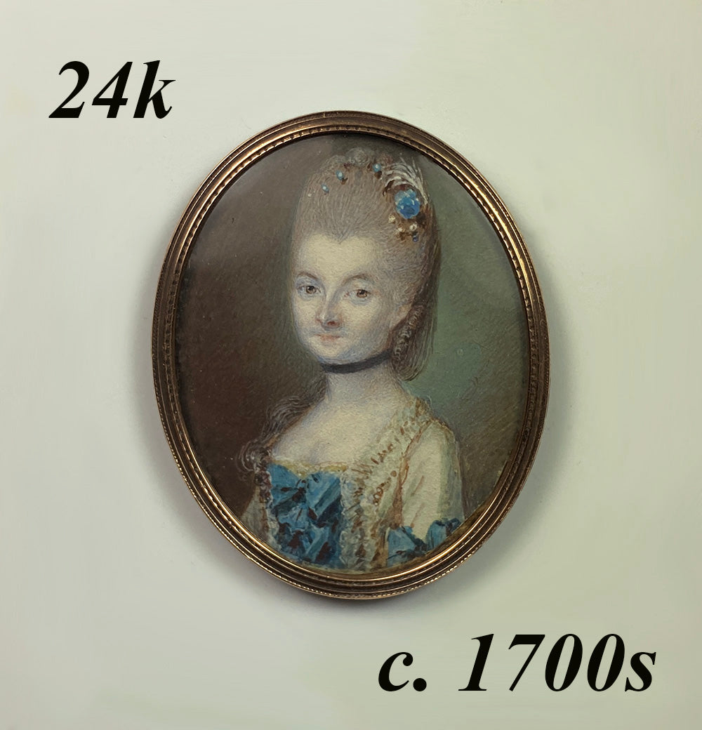 Antique French c.1700s Portrait Miniature, Lady From Louis XV Era in 24K Gold Frame (Front)