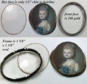 Antique French c.1700s Portrait Miniature, Lady From Louis XV Era in 24K Gold Frame (Front)