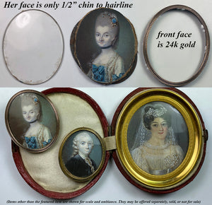 Antique French c.1700s Portrait Miniature, Lady From Louis XV Era in 24K Gold Frame (Front)