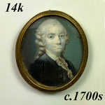 Antique c.1700s Portrait Miniature, Gem Size, Painting of a Man, 14k Frame Front