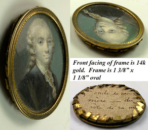 Antique c.1700s Portrait Miniature, Gem Size, Painting of a Man, 14k Frame Front