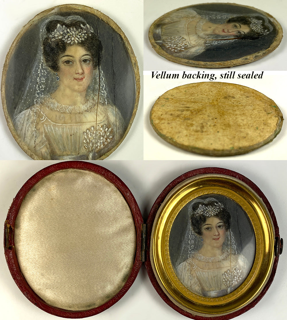 Antique French c.1700s Portrait Miniature, Woman in White, Tiara, 18k Frame, Etui or Case