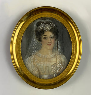 Antique French c.1700s Portrait Miniature, Woman in White, Tiara, 18k Frame, Etui or Case