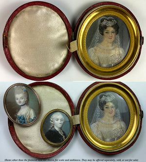 Antique French c.1700s Portrait Miniature, Woman in White, Tiara, 18k Frame, Etui or Case