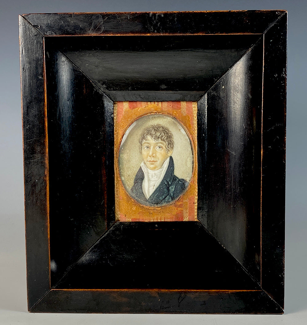 Antique French Portrait Miniature, c.1830s Young Man, Larger Unusual Wood Frame