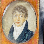 Antique French Portrait Miniature, c.1830s Young Man, Larger Unusual Wood Frame