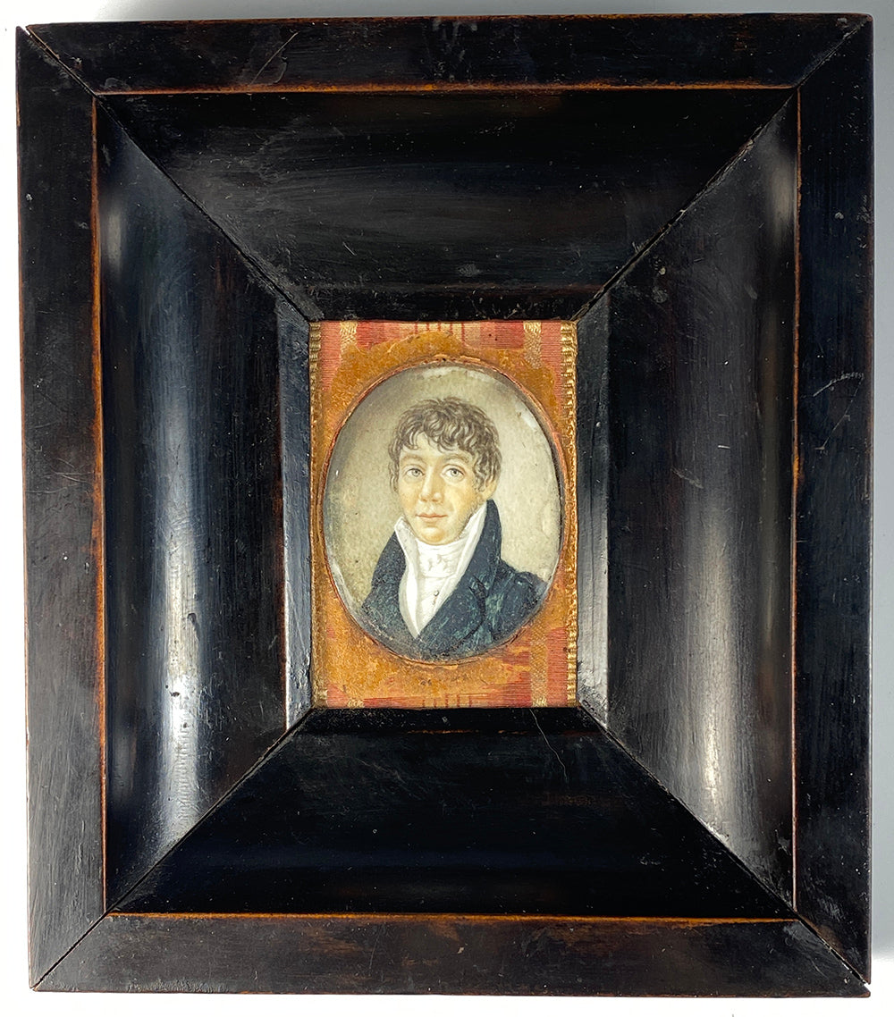 Antique French Portrait Miniature, c.1830s Young Man, Larger Unusual Wood Frame