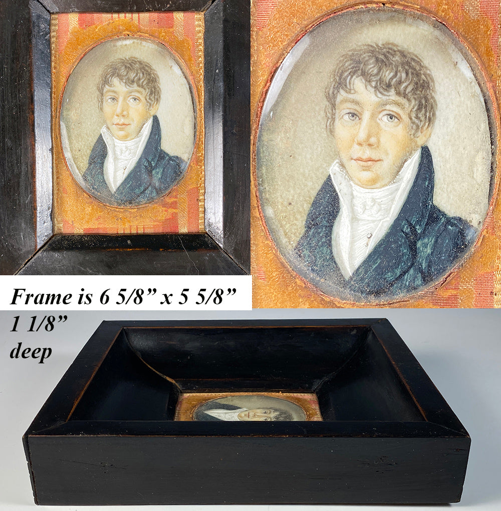 Antique French Portrait Miniature, c.1830s Young Man, Larger Unusual Wood Frame