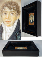 Antique French Portrait Miniature, c.1830s Young Man, Larger Unusual Wood Frame