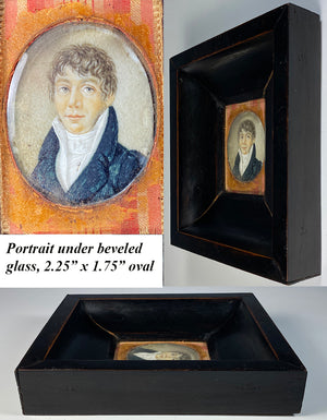 Antique French Portrait Miniature, c.1830s Young Man, Larger Unusual Wood Frame