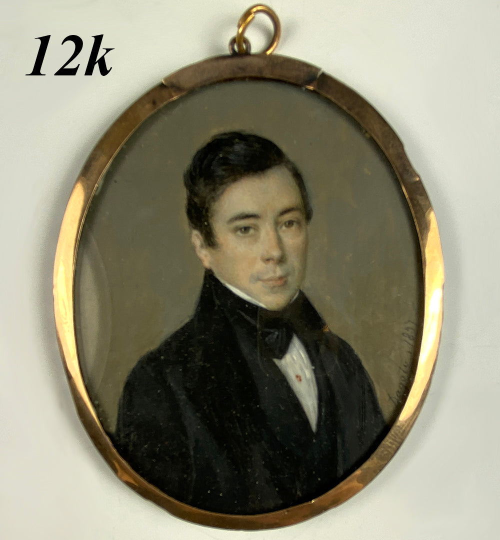 Antique French Portrait Miniature, Dagoty c.1837, Handsome Young Man in 12k Frame