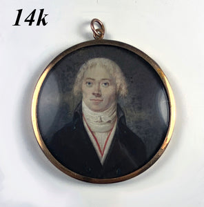 Antique French Portrait Miniature, Handsome Man in 14k Gold Locket Frame, Revolution