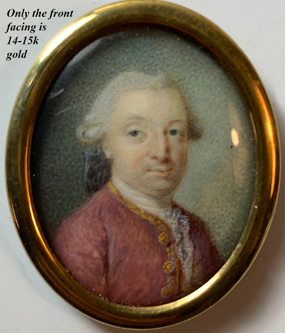 Antique c.1750s French Portrait Miniature, 14k to 15k Fold Face Frame, Tiny