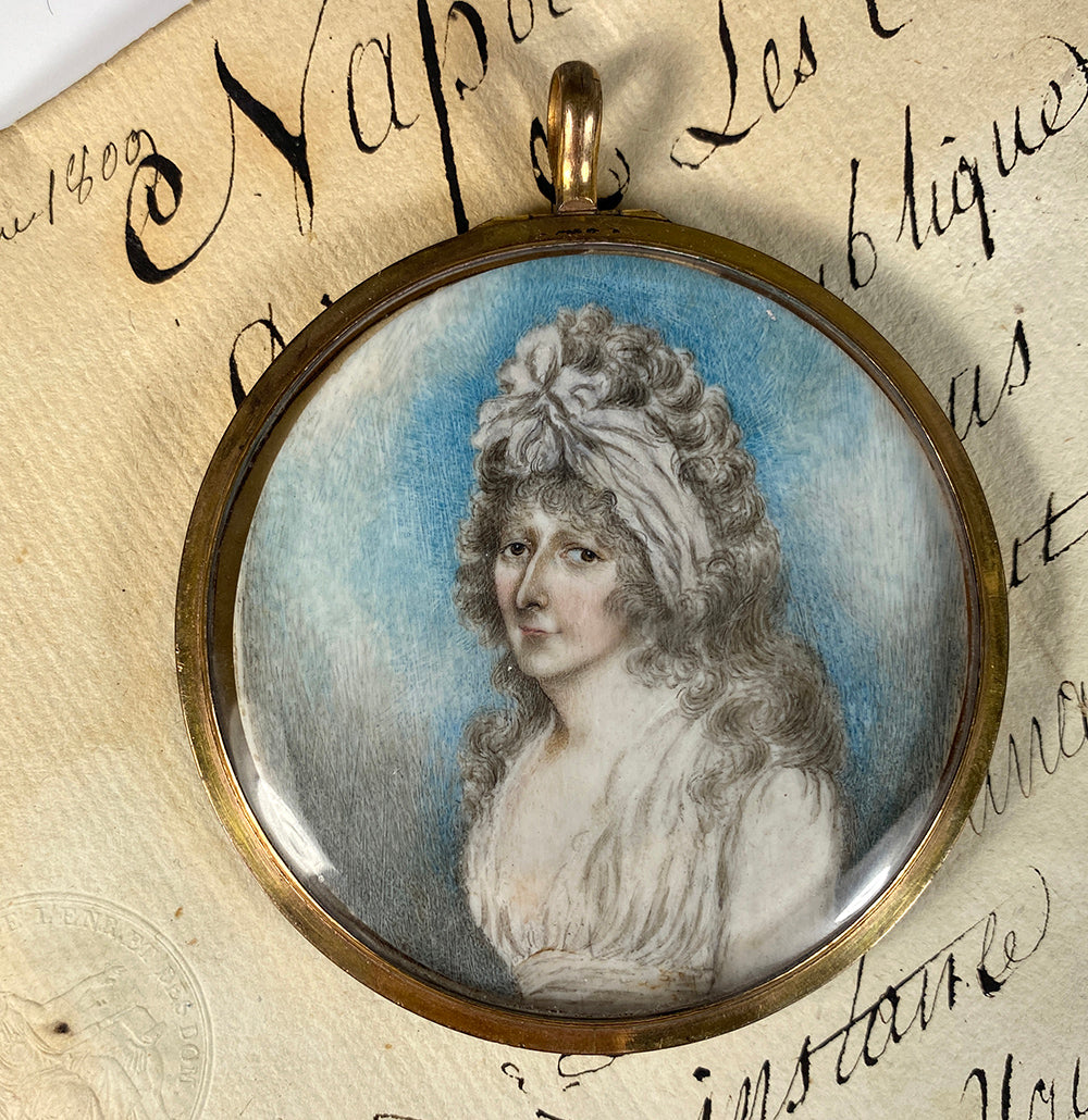 Antique French Portrait Miniature in 10k Locket Frame, 1770s Woman, Louis XVI, Marie-Antoinette