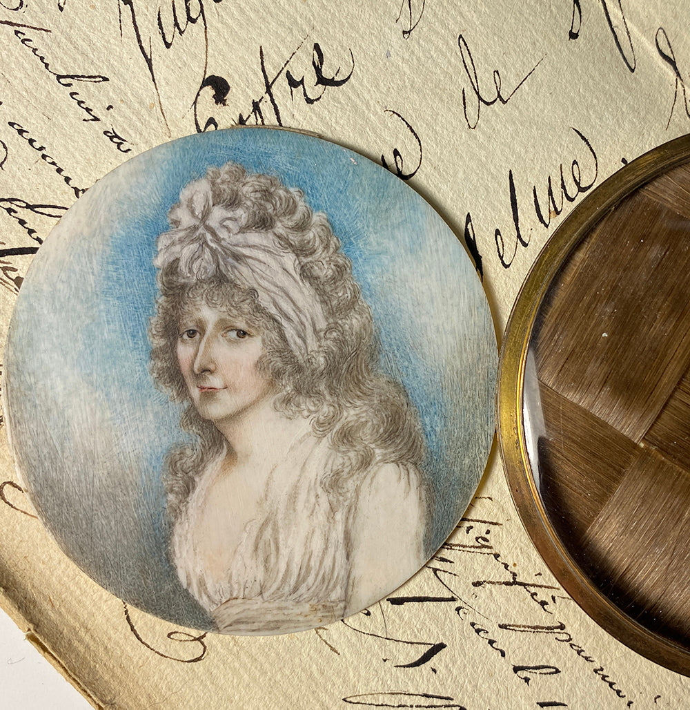 Antique French Portrait Miniature in 10k Locket Frame, 1770s Woman, Louis XVI, Marie-Antoinette