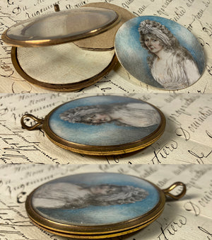 Antique French Portrait Miniature in 10k Locket Frame, 1770s Woman, Louis XVI, Marie-Antoinette