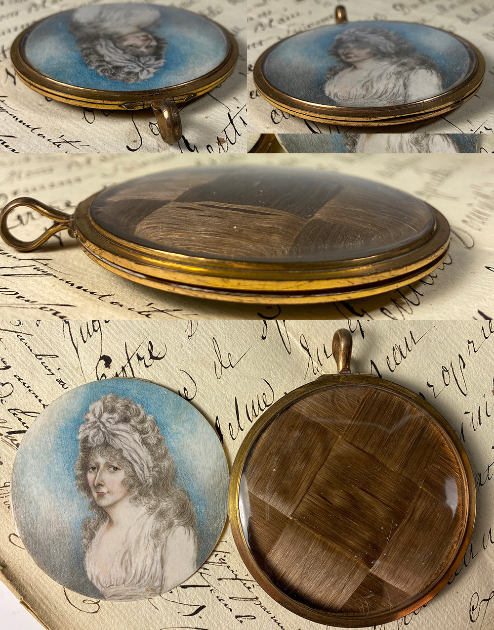 Antique French Portrait Miniature in 10k Locket Frame, 1770s Woman, Louis XVI, Marie-Antoinette