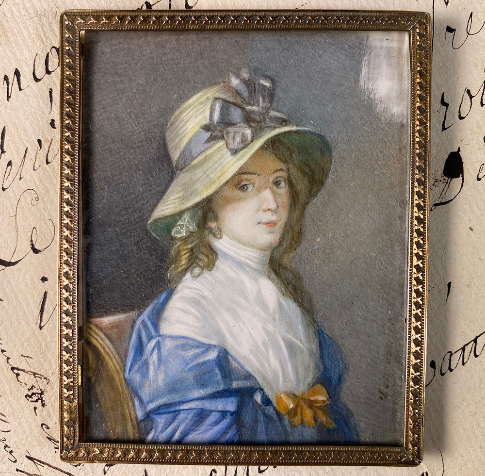 Antique French Portrait Miniature, Signed by Artist, Beautiful Girl in Bonnet and Bows