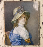 Antique French Portrait Miniature, Signed by Artist, Beautiful Girl in Bonnet and Bows