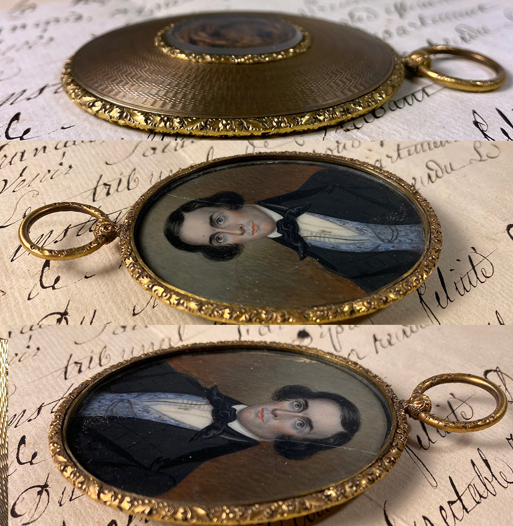 Antique American Portrait Miniature in Oyster Locket or Pendant Frame, Hair Art in Back