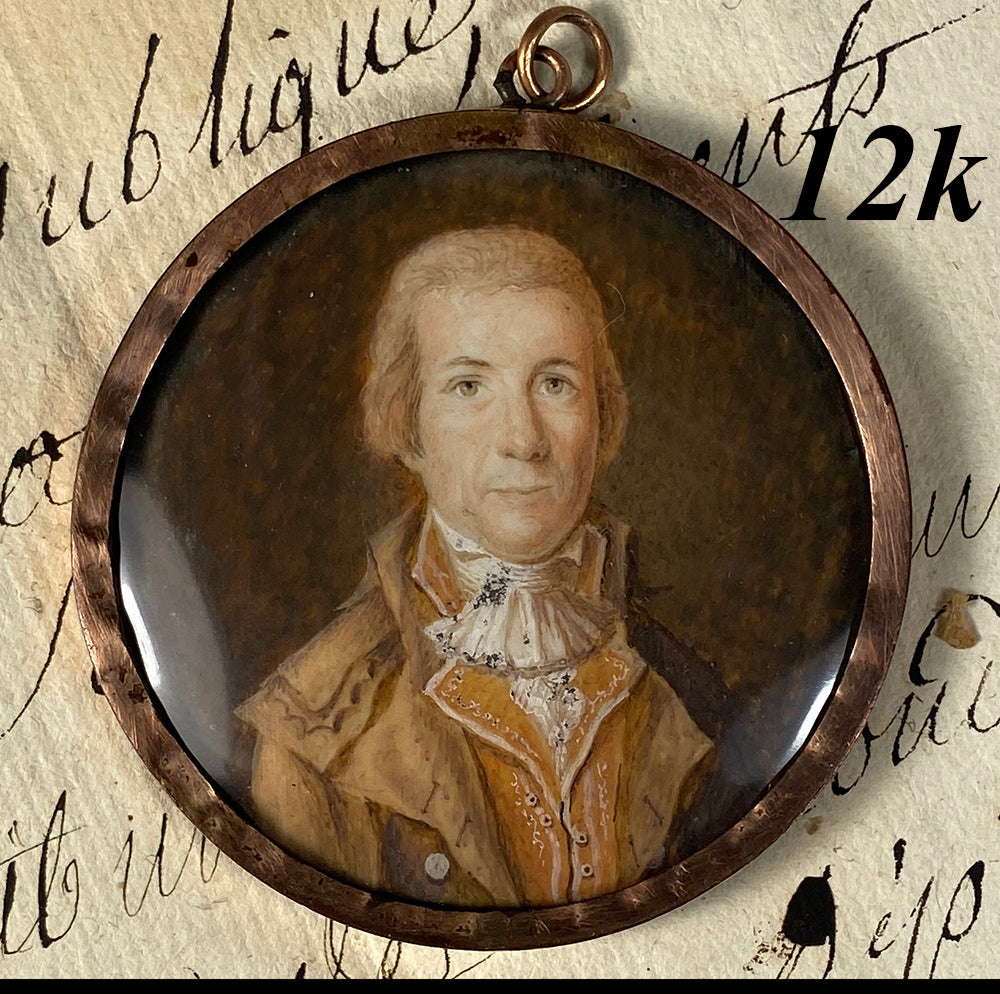 Antique French Portrait Miniature, 12k Locket Frame, c.1700s Gentleman in Embroidered Vest