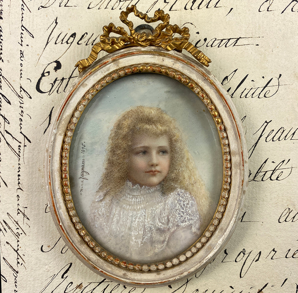 Stunning Antique Portrait Miniature, Little Blond Girl in Lace Dress, Signed Nina Jagnam and Dated 1895