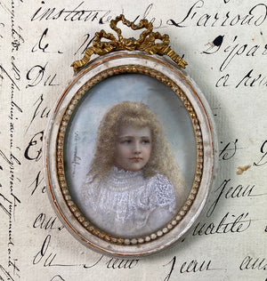 Stunning Antique Portrait Miniature, Little Blond Girl in Lace Dress, Signed Nina Jagnam and Dated 1895