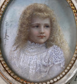Stunning Antique Portrait Miniature, Little Blond Girl in Lace Dress, Signed Nina Jagnam and Dated 1895