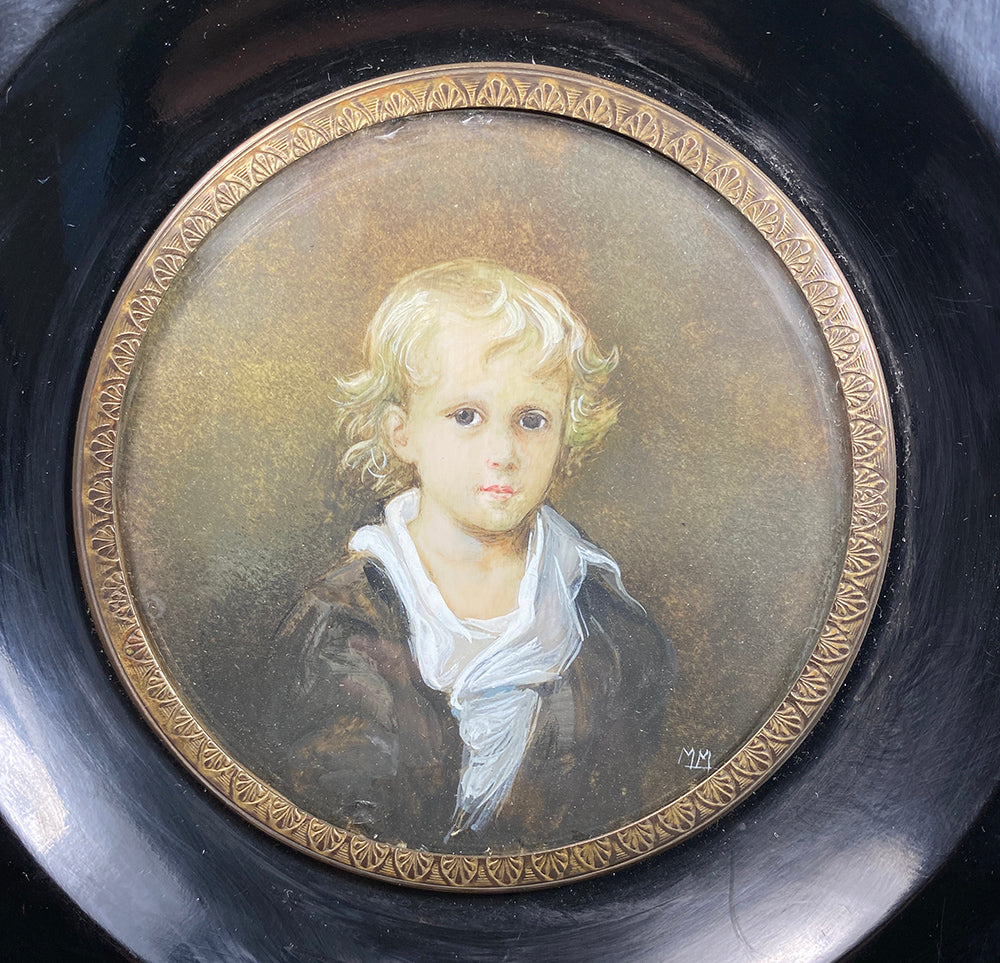 Antique French Portrait Miniature of a Little Blond Boy, c.1850-80, 6" Black Wood Frame
