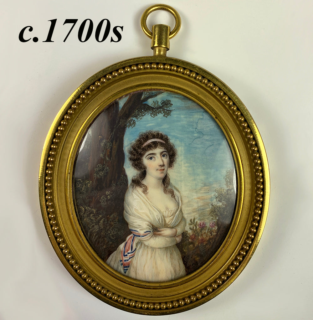 Magnificent c.1770s French Portrait Miniature, Dore Bronze Frame, Louis XVI Era Woman
