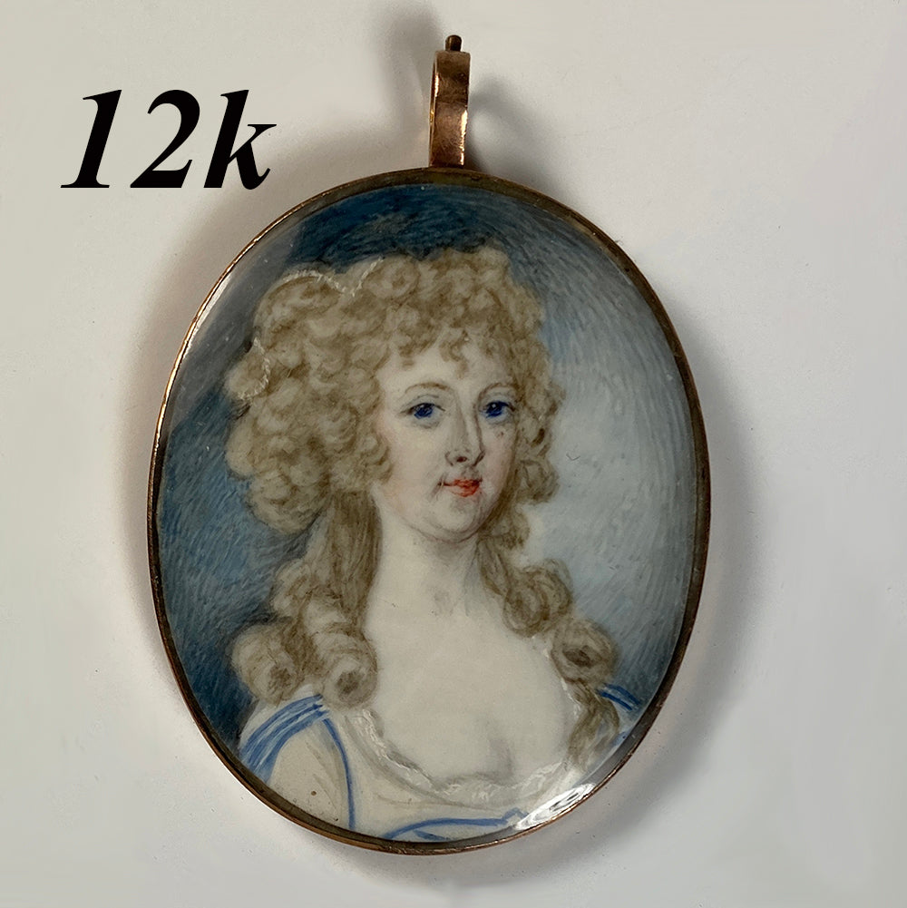 Antique Georgian c.1750-80 English Portrait Miniature, 12k Gold Pendant Mount