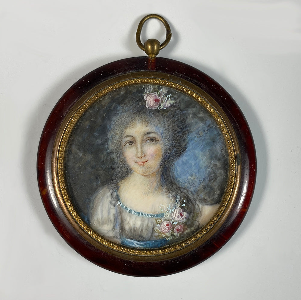 Antique French Portrait Miniature in Tortoise Shell Pendant Style Frame, c.1750s Woman