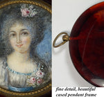 Antique French Portrait Miniature in Tortoise Shell Pendant Style Frame, c.1750s Woman