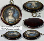 Antique French Portrait Miniature in Tortoise Shell Pendant Style Frame, c.1750s Woman