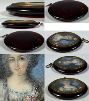 Antique French Portrait Miniature in Tortoise Shell Pendant Style Frame, c.1750s Woman