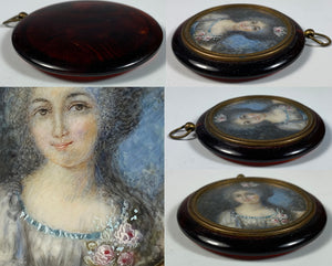 Antique French Portrait Miniature in Tortoise Shell Pendant Style Frame, c.1750s Woman