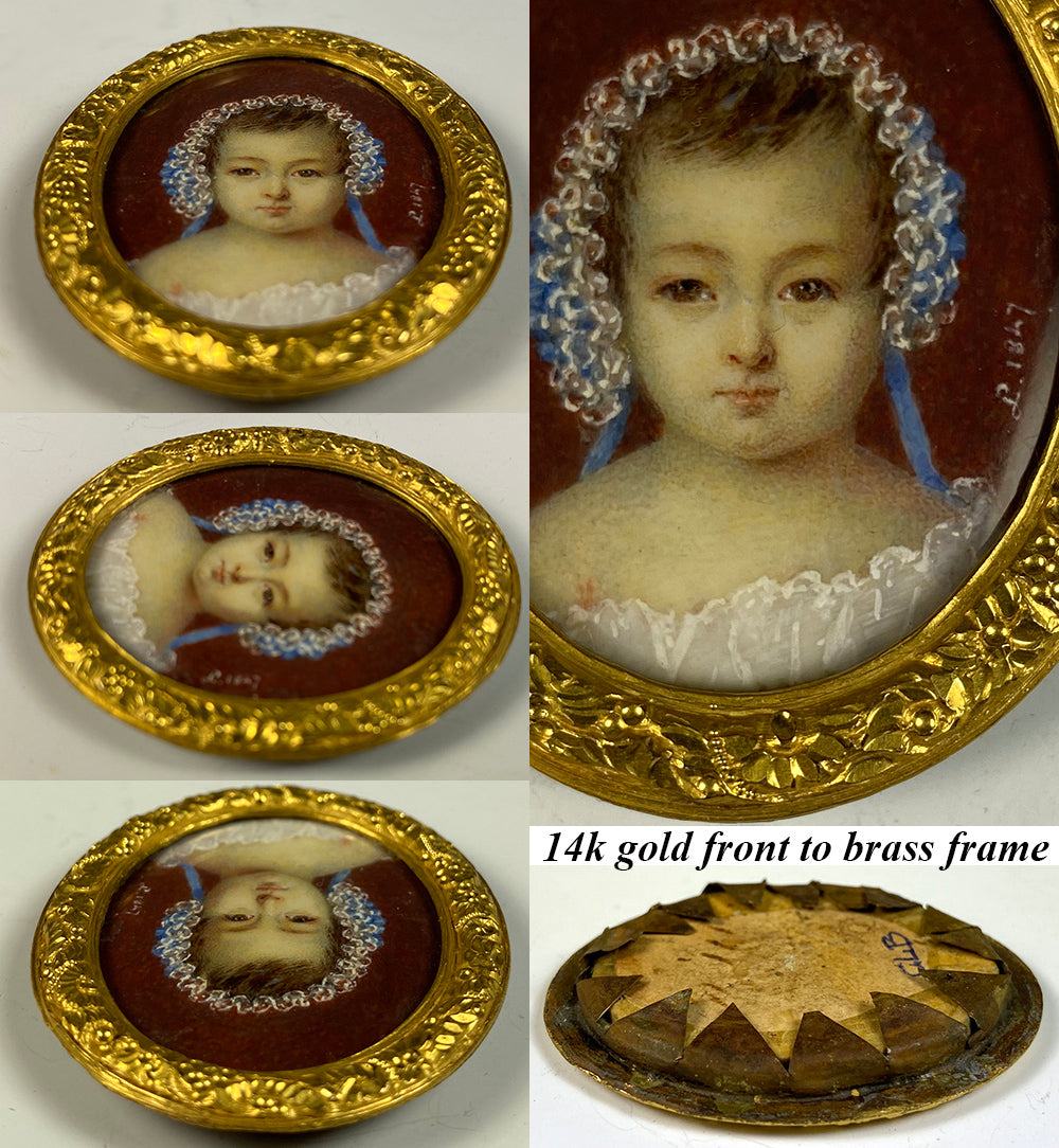 Antique Petit Portrait Miniature, a Baby in Bonnet, 14k Gold Facing, c.1847