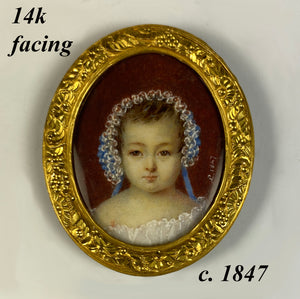 Antique Petit Portrait Miniature, a Baby in Bonnet, 14k Gold Facing, c.1847