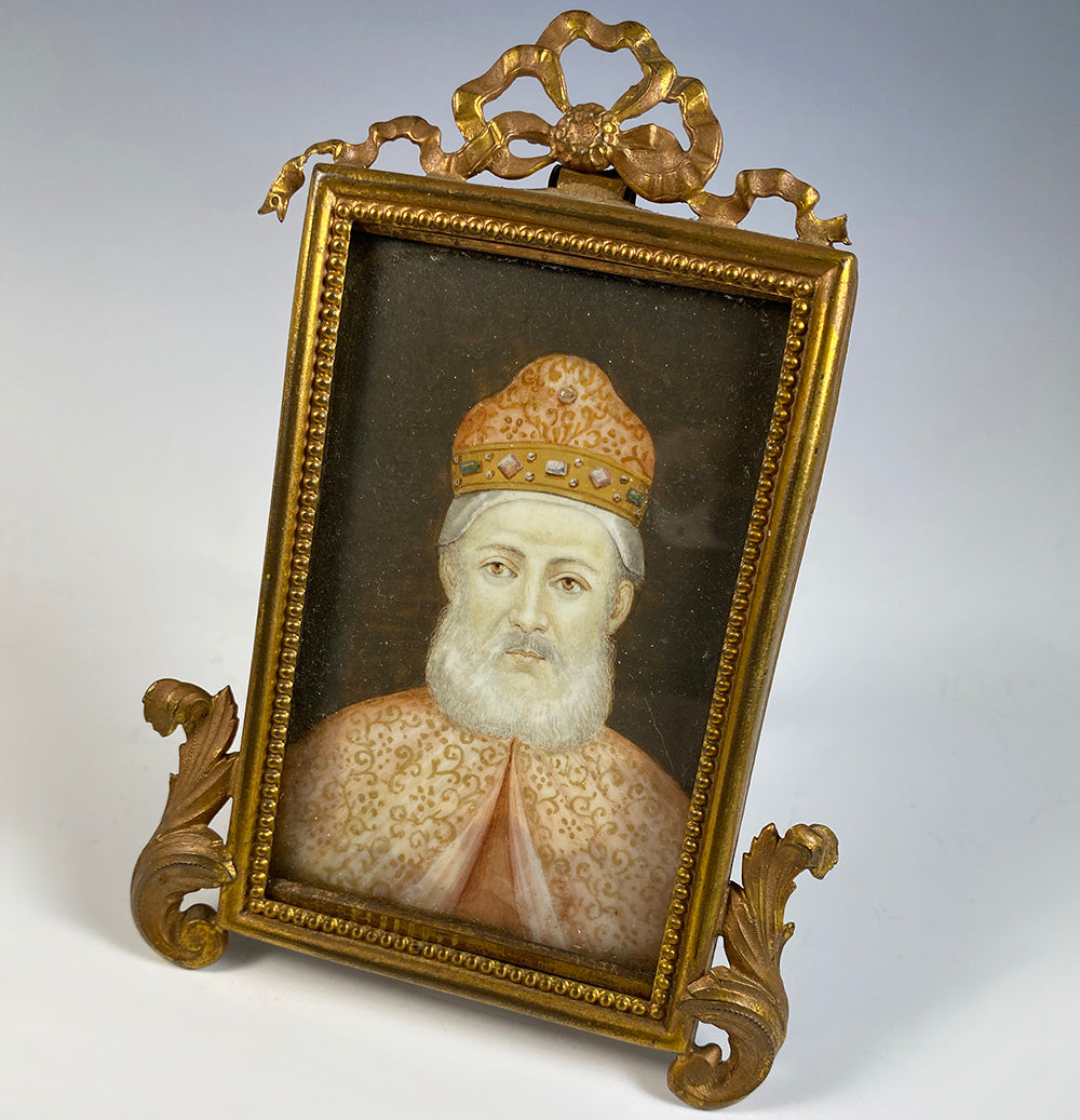 Antique Miniature Portrait, Painting of a Venetian Doge in Jeweled Corno Ducale