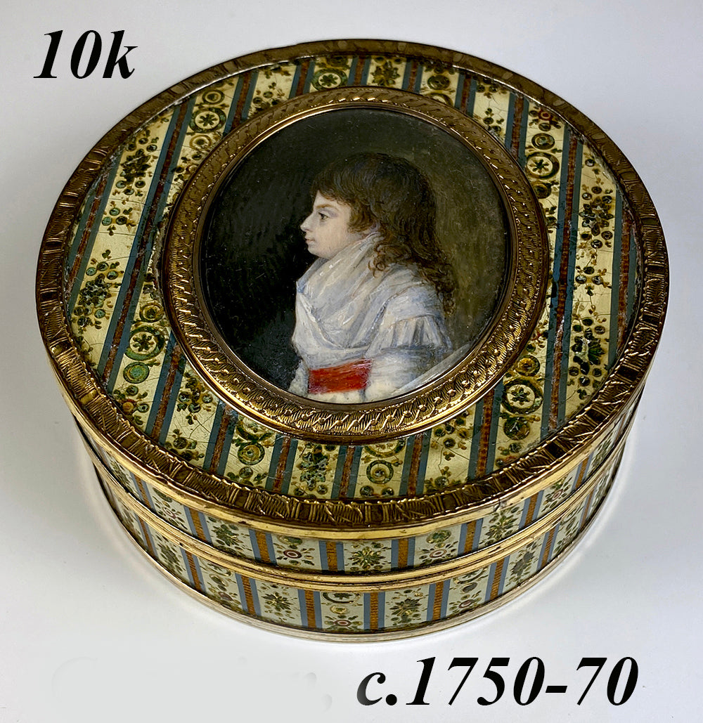 Rare Antique c.1700s French 18k, 10k Gold and Vernis Martin Snuff Box, Portrait Miniature of a Child, c.1770s