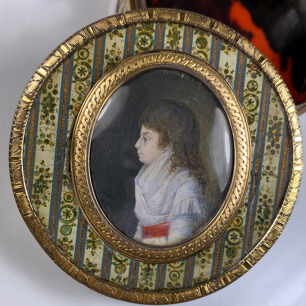 Rare Antique c.1700s French 18k, 10k Gold and Vernis Martin Snuff Box, Portrait Miniature of a Child, c.1770s