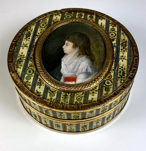 Rare Antique c.1700s French 18k, 10k Gold and Vernis Martin Snuff Box, Portrait Miniature of a Child, c.1770s