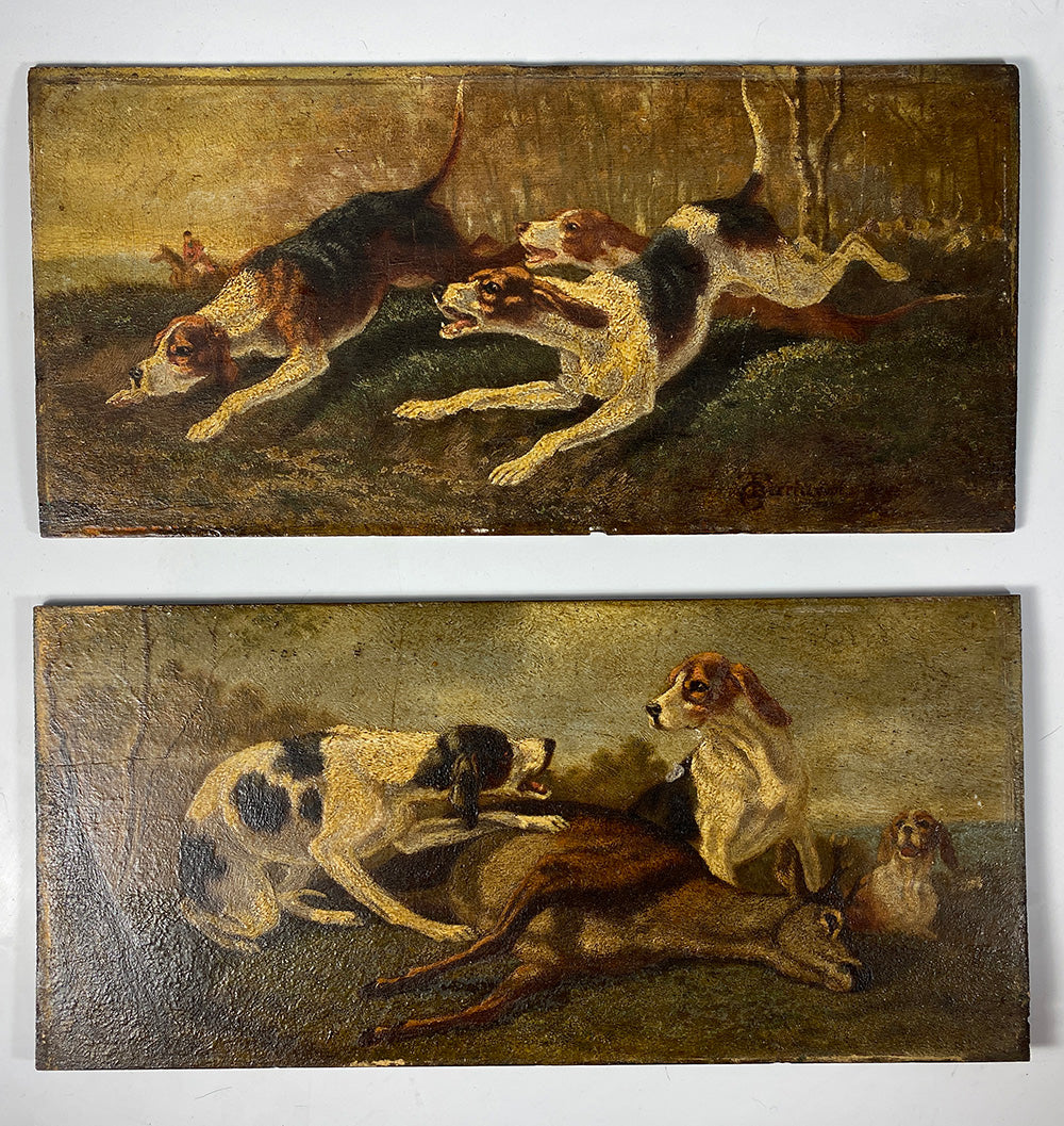 Pair of French Oil Paintings on Board, Hunting Hounds, Fox and Big Game Elk, Superb