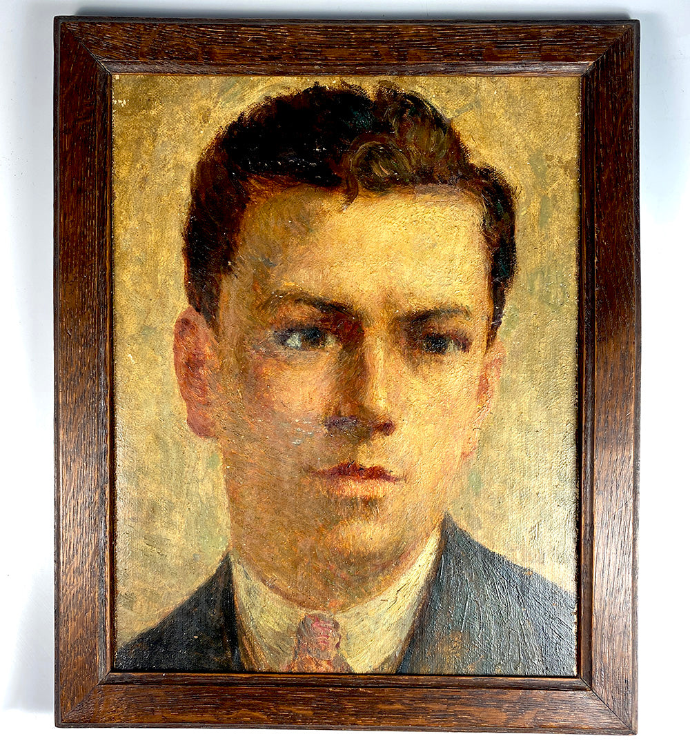 Antique French Impressionist Portrait of a Handsome Young Man, Oak Frame